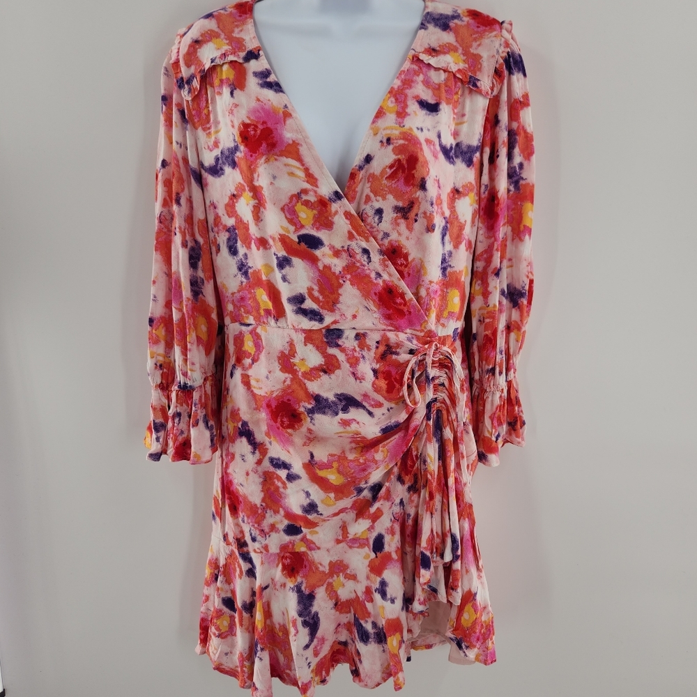 Betsey Johnson Sunset Floral Faux Wrap Clinched Hip Dress Womens Size 8